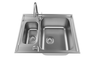 A stainless steel kitchen sink isolated on a white background, equipped with a faucet, and rendered in 3D.