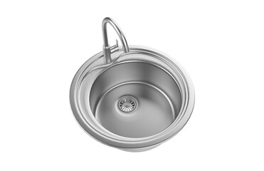 A stainless steel kitchen sink isolated on a white background, equipped with a faucet, and rendered in 3D.