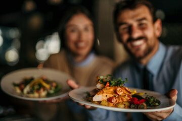 Portrait of two smiling people sitting and holding a plate of food in the restaurant.