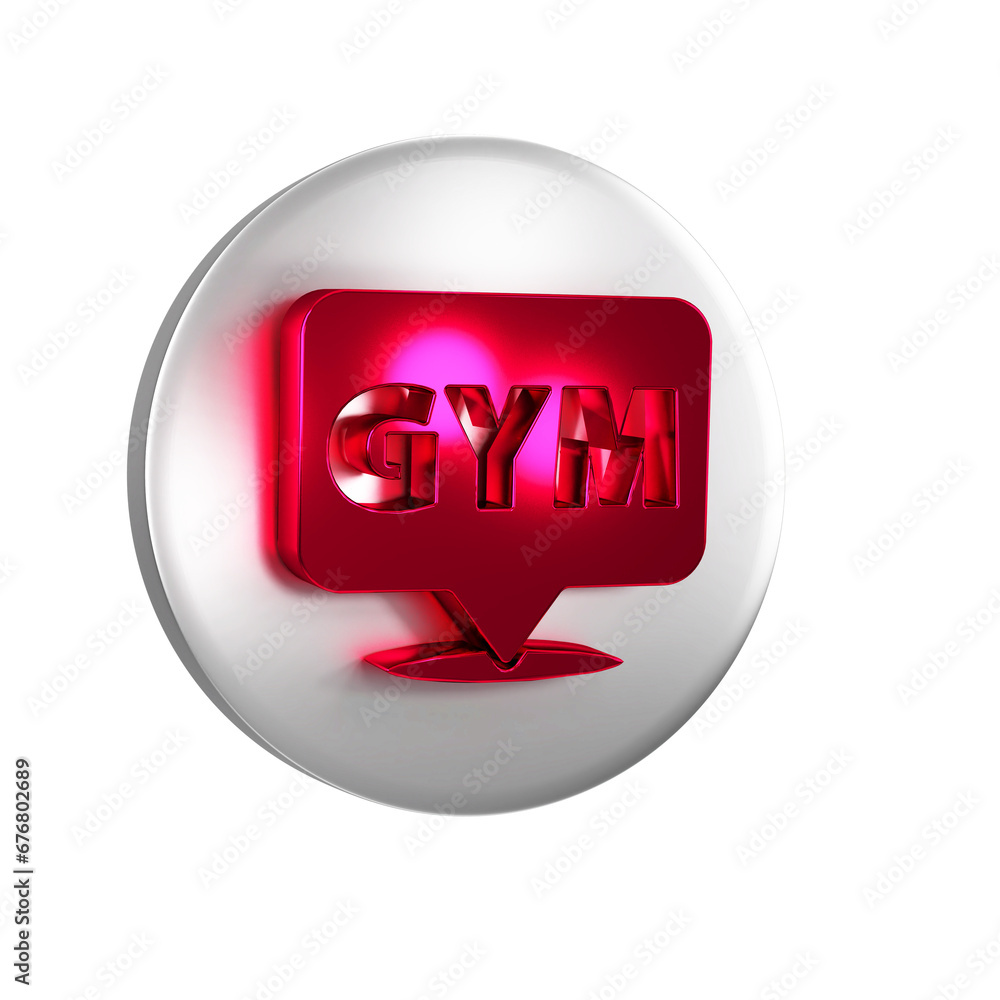 Sticker Red Location gym icon isolated on transparent background. Silver circle button.