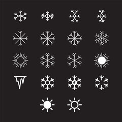 Set White snowflake icons collection isolated on Black background.
