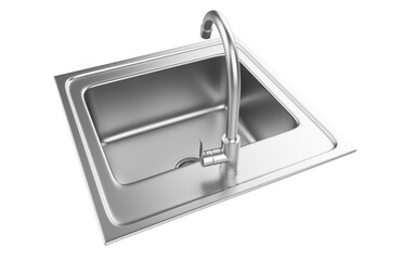 A stainless steel kitchen sink isolated on a white background, equipped with a faucet, and rendered in 3D.