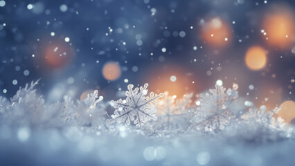 Obraz na płótnie Canvas Snowflakes on light bokeh background, Soft snowflakes christmas texture, At close range, Snowfall, Nature, copy space, generative ai