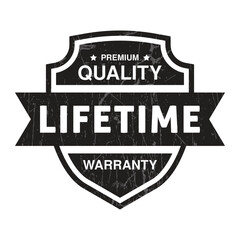 Lifetime Warranty Badge, Lifetime Warranty Label, Life time Warranty Rubber Stamp, Customer Satisfaction Guaranteed, 100 Years Lifespan, Shield And Check Mark Vector Illustration Grunge Texture