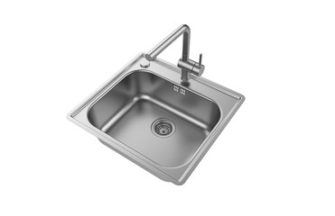 A stainless steel kitchen sink isolated on a white background, equipped with a faucet, and rendered in 3D.