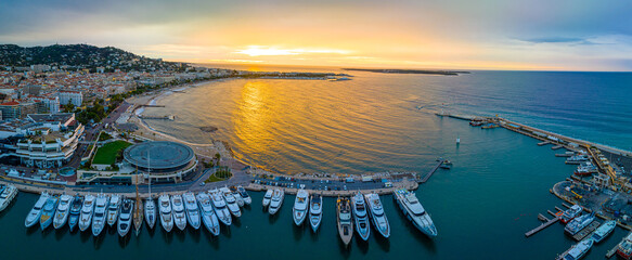 Aerial view of Cannes, a resort town on the French Riviera, is famed for its international film...