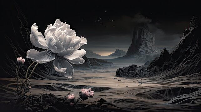  a painting of a large white flower in a rocky area with a mountain in the background and a sky filled with stars.  generative ai