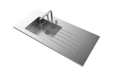 A stainless steel kitchen sink isolated on a white background, equipped with a faucet, and rendered in 3D.