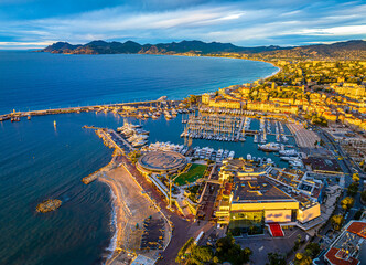 Aerial view of Cannes, a resort town on the French Riviera, is famed for its international film...