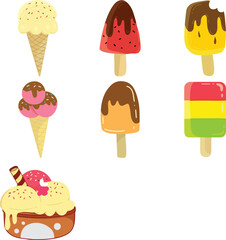 Various flavors Ice cream with chocolate topings and springkles