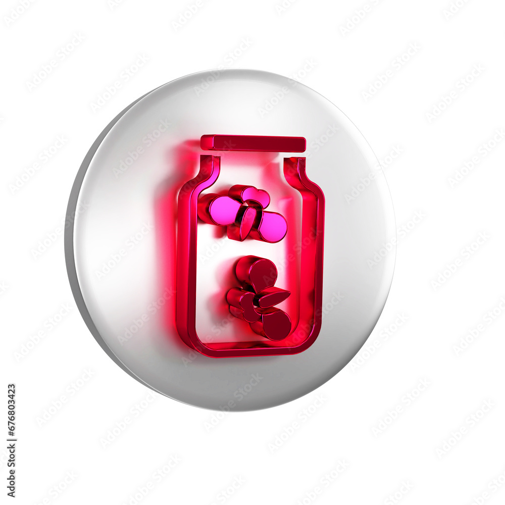 Poster red fireflies bugs in a jar icon isolated on transparent background. silver circle button.