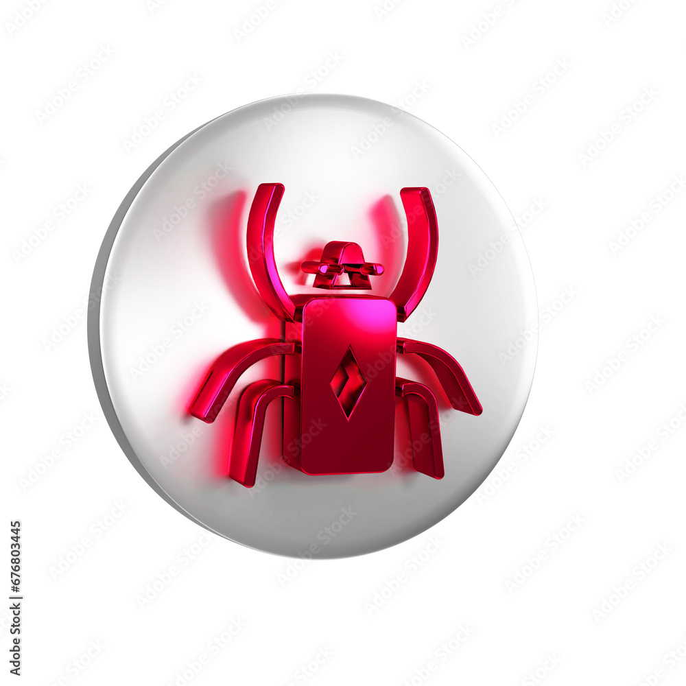 Poster red beetle bug icon isolated on transparent background. silver circle button.