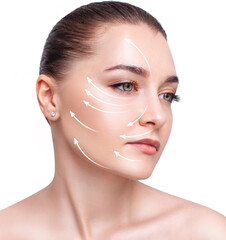 White arrows shows face lifting effect on young female face.