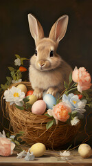 Fototapeta na wymiar Easter basket surrounded by many blooming flowers and a bunny. Postcard for Easter Day.