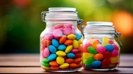two jars of colorful candis in them on a table