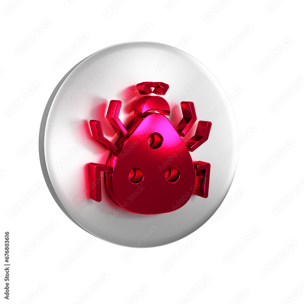 Poster red ladybug icon isolated on transparent background. silver circle button.