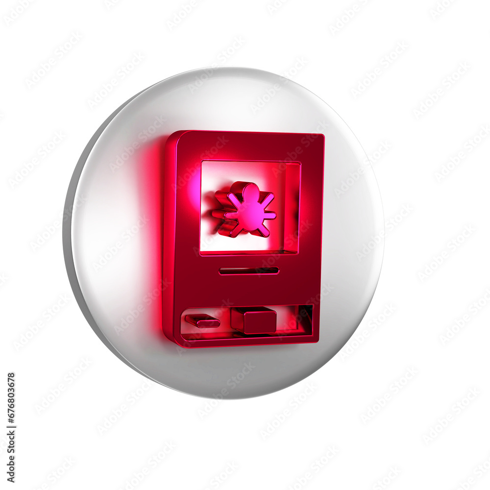 Poster red book about insect icon isolated on transparent background. silver circle button.