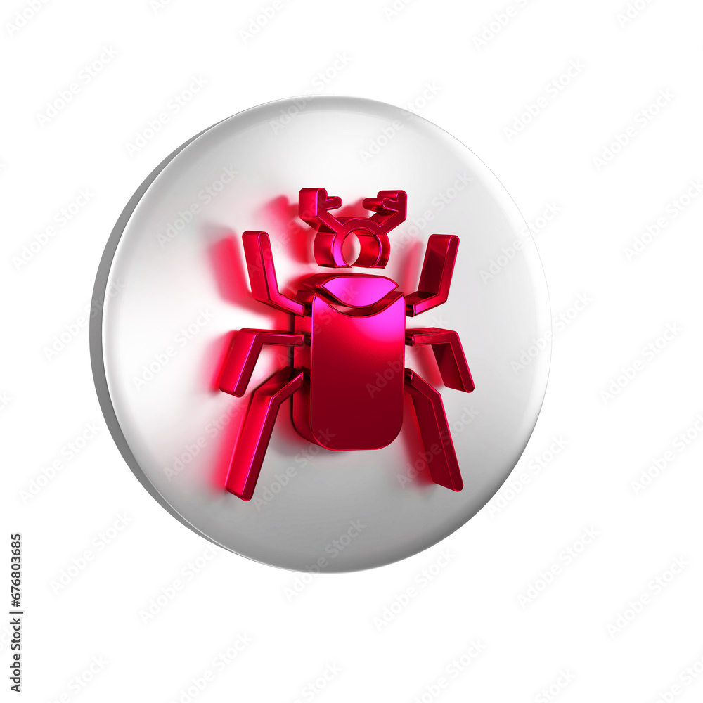 Poster red beetle bug icon isolated on transparent background. silver circle button.