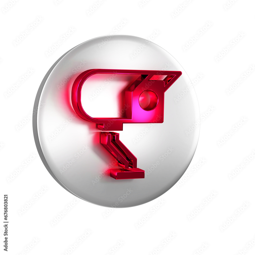 Poster red security camera icon isolated on transparent background. silver circle button.