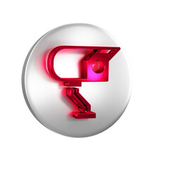 Red Security camera icon isolated on transparent background. Silver circle button.