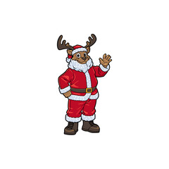 Cartoon mascot illustration of anthropomorphic deer wear a santa claus outfit