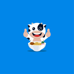 Cute cow eat ramen cartoon