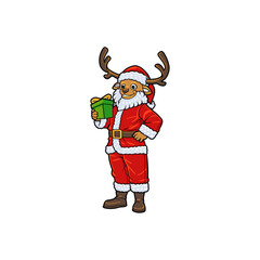 Cartoon mascot illustration of anthropomorphic deer wear a santa claus outfit