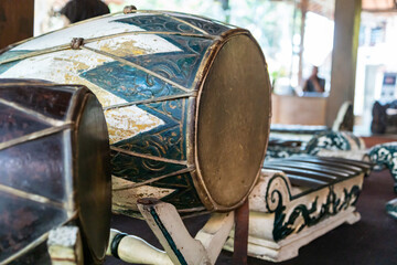 Gamelan and hand drums. Indonesian Javanese musical instrument, close-up with selective focus....