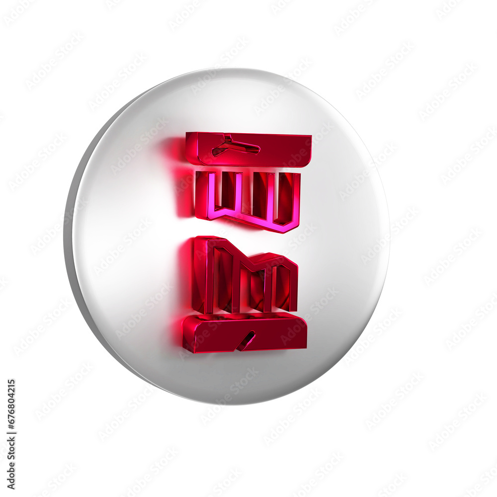 Poster red broken ancient column icon isolated on transparent background. silver circle button.