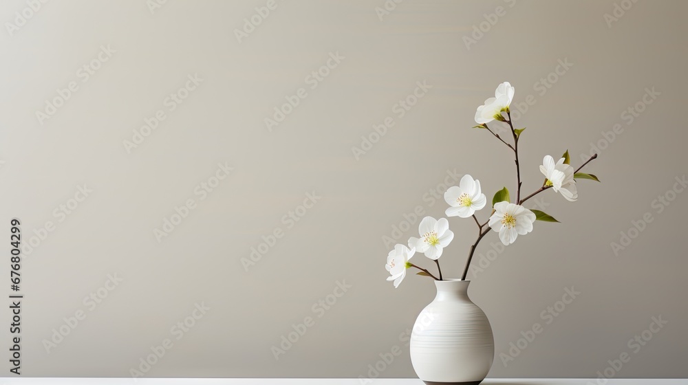 Sticker a white vase filled with white flowers on top of a white table with a gray wall in the back ground. 