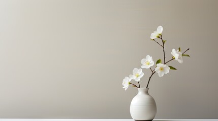  a white vase filled with white flowers on top of a white table with a gray wall in the back...