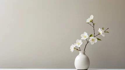 Zelfklevend Fotobehang  a white vase filled with white flowers on top of a white table with a gray wall in the back ground.  generative ai © Anna