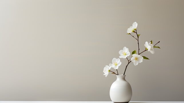 Fototapeta  a white vase filled with white flowers on top of a white table with a gray wall in the back ground.  generative ai