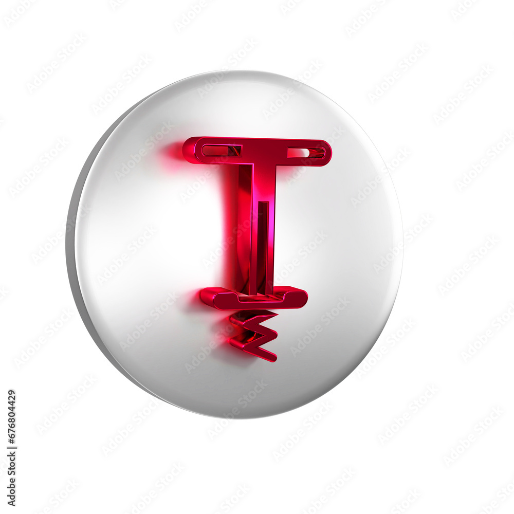 Poster red pogo stick jumping toy icon isolated on transparent background. silver circle button.