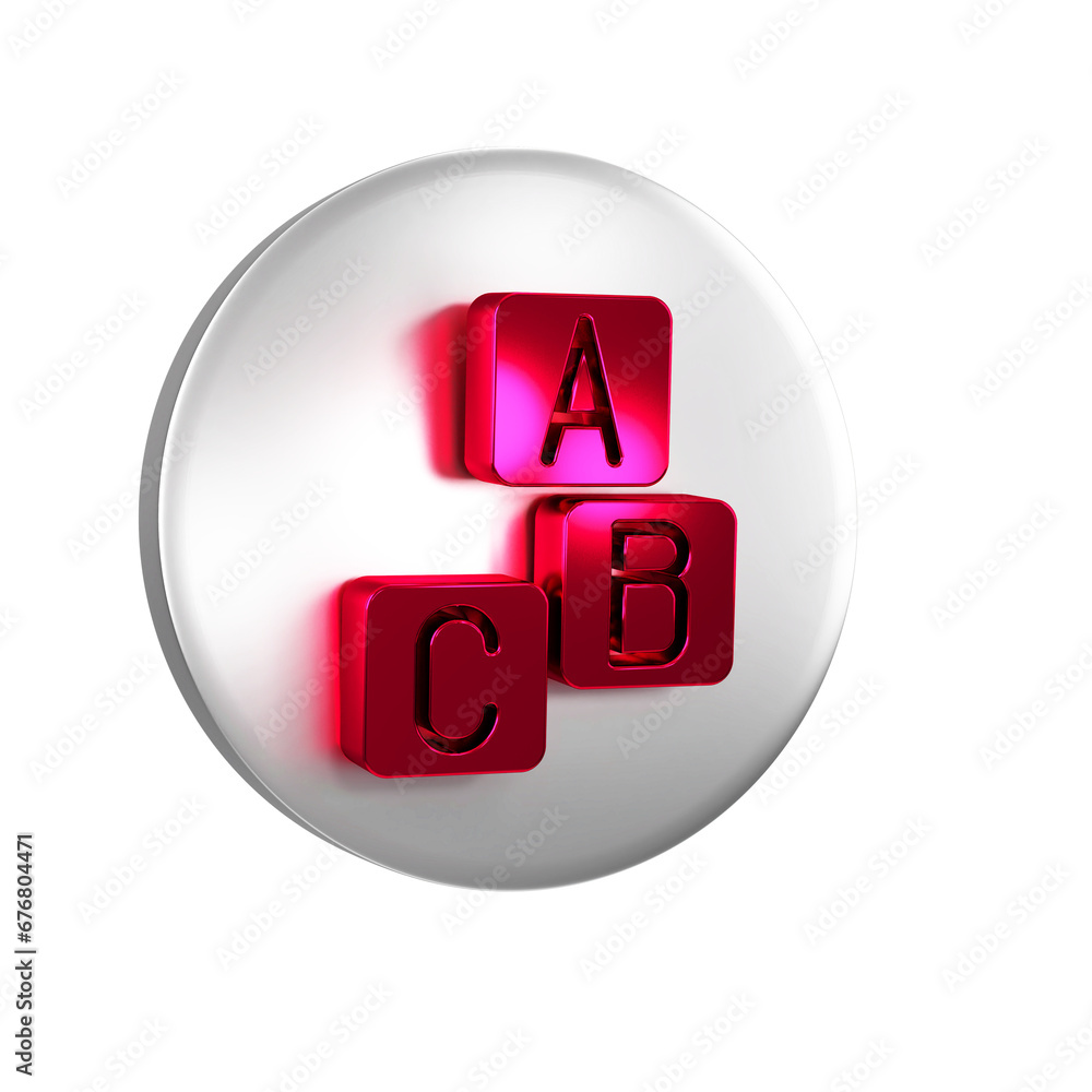 Poster red abc blocks icon isolated on transparent background. alphabet cubes with letters a,b,c. silver ci