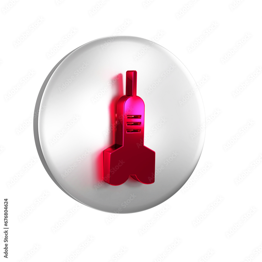 Poster red dart arrow icon isolated on transparent background. silver circle button.