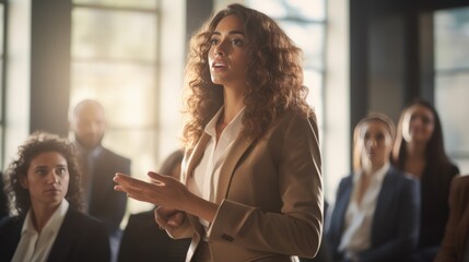 Woman presenting her idea to colleagues in meeting. Businesswoman public speaking in a conference meeting.