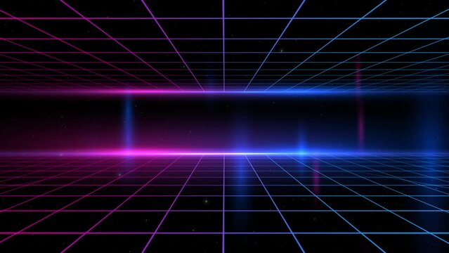 Universe Retro Futuristic 80's Background. Synthwave wireframe net grid. Abstract digital background. 80s, 90s Retro futurism, Retro wave cyber grid. Deep space surfaces. Neon glow particles