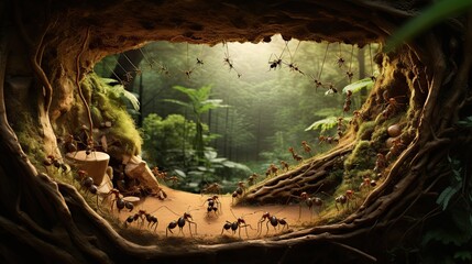  a group of ants walking through a forest filled with lots of green plants and a man in the middle of the forest.  generative ai - obrazy, fototapety, plakaty