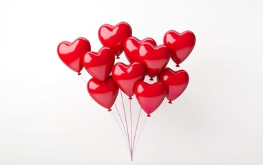 Bunch of red heart shaped latex balloons isolated on white background. Valentines day, engagement or wedding party poster. AI Generative