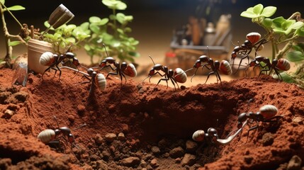  a group of ants standing on top of a pile of dirt in front of a pile of dirt and plants.  generative ai