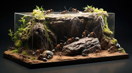  a group of ants standing on top of a rock in front of a large aquarium filled with plants and rocks.  generative ai