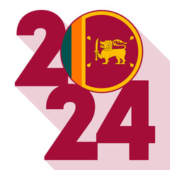 Happy New Year 2024, long shadow banner with Sri Lanka flag inside. Vector illustration.