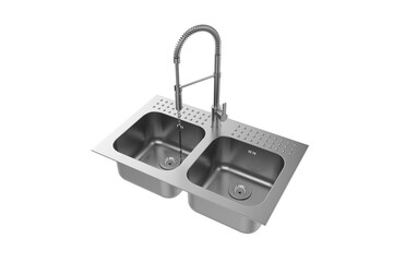 A stainless steel kitchen sink isolated on a white background, equipped with a faucet, and rendered in 3D.