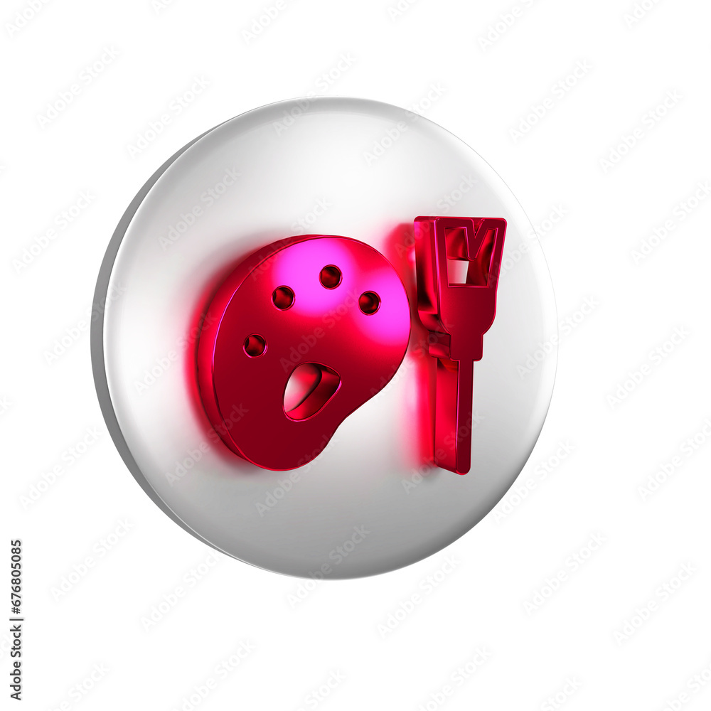 Poster red paint brush with palette icon isolated on transparent background. silver circle button.
