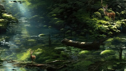  a painting of a forest with a stream running through it and two deer standing on the other side of the stream.  generative ai