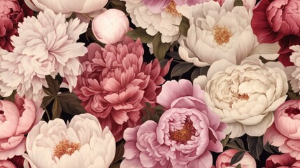  a close up of a bunch of flowers on a black background with pink, red, and white flowers in the center.  generative ai