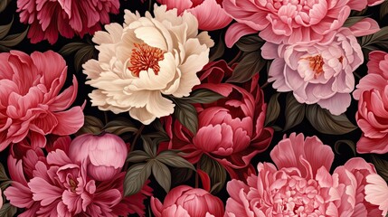  a close up of a bunch of flowers on a black background with pink, red, and white peonies.  generative ai