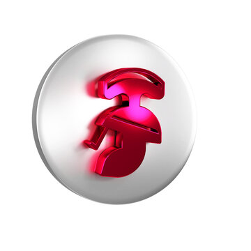 Red Roman army helmet icon isolated on transparent background. Silver circle button.