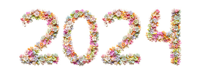 Flowers number 2024 made of colorful flowers on white. Floral numbers. Merry Christmas and Happy...